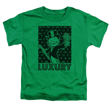 Kelly green toddler t-shirt with Monopoly Luxury graphic