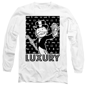 White men's long sleeve t-shirt with Monopoly Luxury graphic