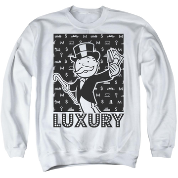 White men's crewneck sweatshirt with Monopoly Luxury graphic