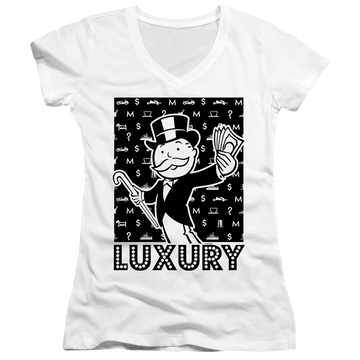 White juniors v-neck t-shirt with Monopoly Luxury graphic