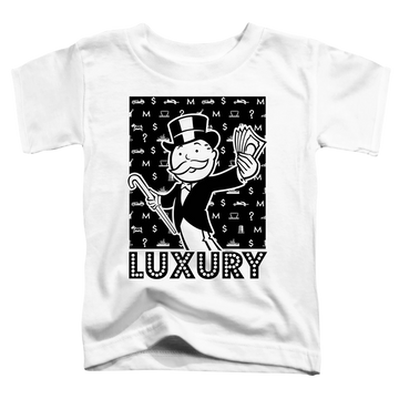 White toddler t-shirt with Monopoly Luxury graphic