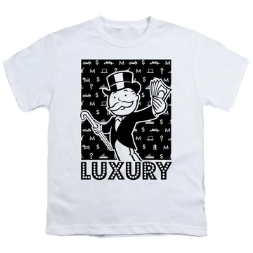 White youth t-shirt for ages 8 to 12 with Monopoly Luxury graphic