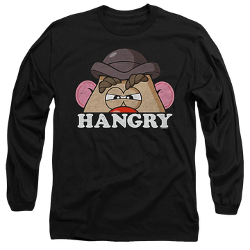 Black men's long sleeve t-shirt with Mr Potato Head Hangry graphic