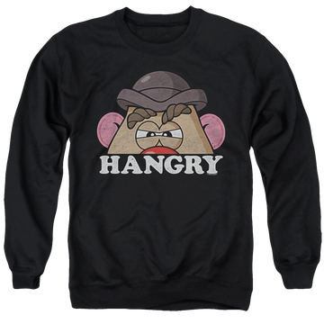 Black men's crewneck sweatshirt with Mr Potato Head Hangry graphic