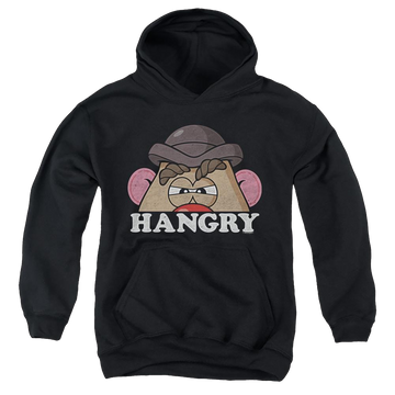 Black youth hoodie for ages 8 to 12 with Mr Potato Head Hangry graphic