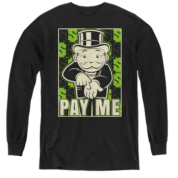 Black youth long sleeve t-shirt with Monopoly Pay Me graphic