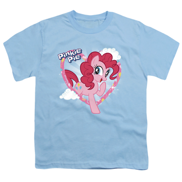 Light blue youth t-shirt for ages 8 to 12 with My Little Pony Friendship Is Magic Pinkie Pie graphic