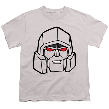 Silver youth t-shirt for ages 8 to 12 with Transformers Megatron Head graphic