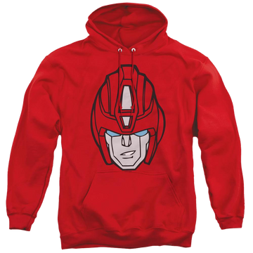 Red pullover hoodie with Transformers Hot Rod Head graphic