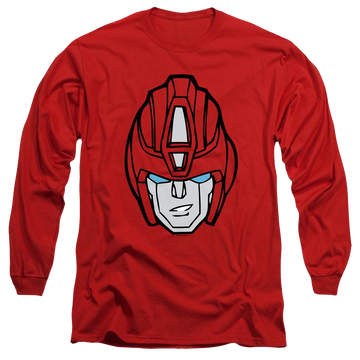 Red men's long sleeve t-shirt with Transformers Hot Rod Head graphic