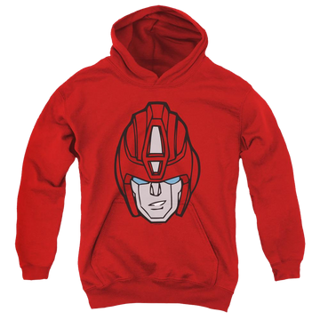 Red youth hoodie for ages 8 to 12 with Transformers Hot Rod Head graphic