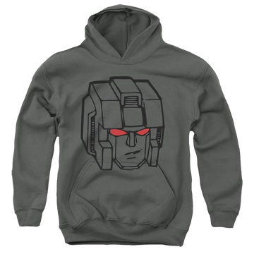 Charcoal youth hoodie for ages 8 to 12 with Transformers Starscream Head graphic