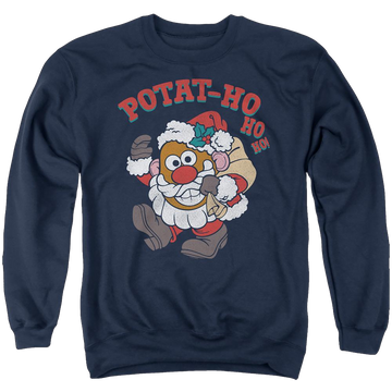 Navy men's crewneck sweatshirt with Mr Potato Head Ho Ho graphic