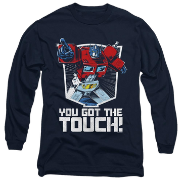 Navy men's long sleeve t-shirt with Transformers You Got The Touch graphic