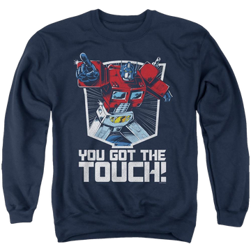 Navy men's crewneck sweatshirt with Transformers You Got The Touch graphic