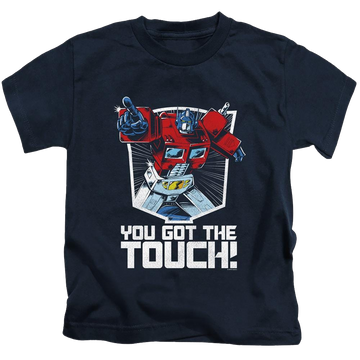 Navy kid's t-shirt for ages 4 to 7 with Transformers You Got The Touch graphic
