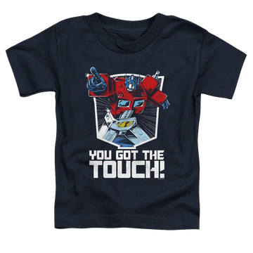 Navy toddler t-shirt with Transformers You Got The Touch graphic
