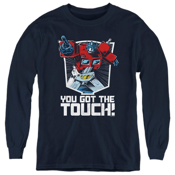 Navy youth long sleeve t-shirt with Transformers You Got The Touch graphic