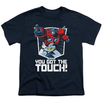 Navy youth t-shirt for ages 8 to 12 with Transformers You Got The Touch graphic