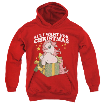 Red youth hoodie for ages 8 to 12 with My Little Pony Classic All I Want graphic