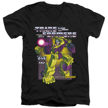 Black men's v-neck t-shirt with Transformers Devastator graphic