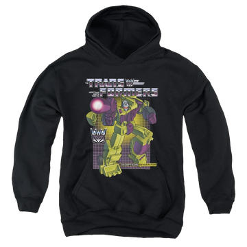 Black youth hoodie for ages 8 to 12 with Transformers Devastator graphic