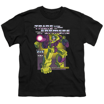 Black youth t-shirt for ages 8 to 12 with Transformers Devastator graphic