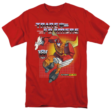 Red men's regular fit t-shirt with Transformers Hot Rod graphic