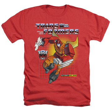 Red men's heather t-shirt with Transformers Hot Rod graphic