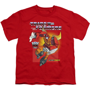 Red youth t-shirt for ages 8 to 12 with Transformers Hot Rod graphic
