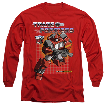 Red men's long sleeve t-shirt with Transformers Ironhide graphic