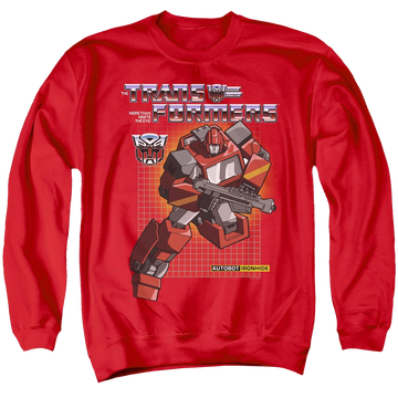 Red men's crewneck sweatshirt with Transformers Ironhide graphic