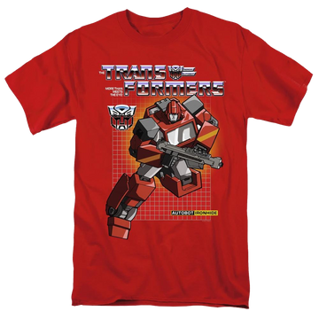 Red men's regular fit t-shirt with Transformers Ironhide graphic