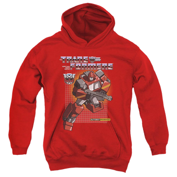 Red youth hoodie for ages 8 to 12 with Transformers Ironhide graphic