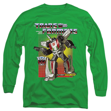 Kelly green men's long sleeve t-shirt with Transformers Wheeljack graphic