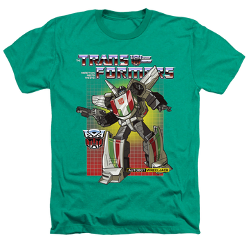Kelly green men's heather t-shirt with Transformers Wheeljack graphic