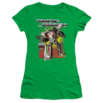Kelly green juniors t-shirt with Transformers Wheeljack graphic