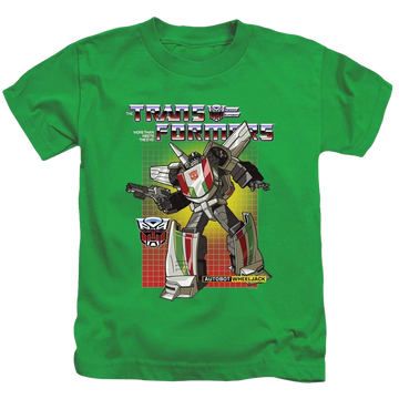 Kelly green kid's t-shirt for ages 4 to 7 with Transformers Wheeljack graphic