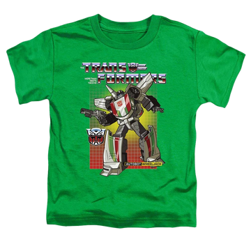 Kelly green toddler t-shirt with Transformers Wheeljack graphic