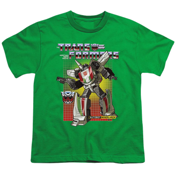 Kelly green youth t-shirt for ages 8 to 12 with Transformers Wheeljack graphic