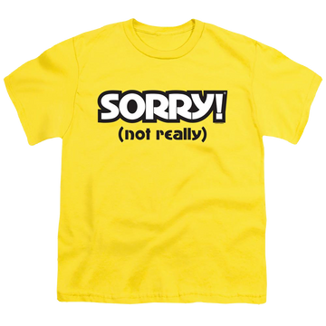 Yellow youth t-shirt for ages 8 to 12 with Game of Sorry Not Really graphic