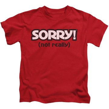 Red kid's t-shirt for ages 4 to 7 with Game of Sorry Not Really graphic