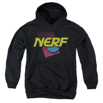Black youth hoodie for ages 8 to 12 with Nerf 90S Logo graphic