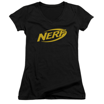 Black juniors v-neck t-shirt with Nerf Logo graphic