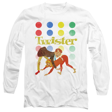 White men's long sleeve t-shirt with Hasbro Gaming Old School Twister graphic