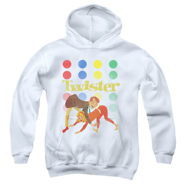 White youth hoodie for ages 8 to 12 with Hasbro Gaming Old School Twister graphic