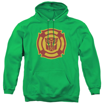 Kelly green pullover hoodie with Transformers Rescue Bots Logo graphic