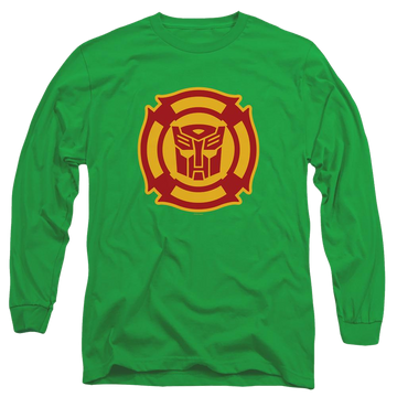 Kelly green men's long sleeve t-shirt with Transformers Rescue Bots Logo graphic