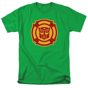 Kelly green men's regular fit t-shirt with Transformers Rescue Bots Logo graphic