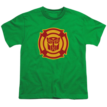 Kelly green youth t-shirt for ages 8 to 12 with Transformers Rescue Bots Logo graphic